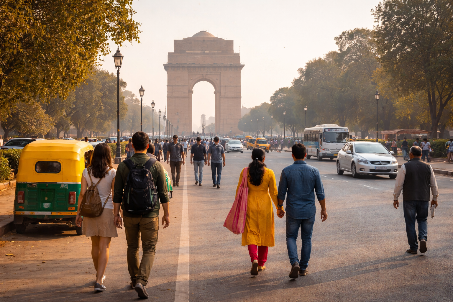 Everyday life near India Gate, Delhi, with tourists strolling casually, light traffic, clear winter sky, and calm city atmosphere.