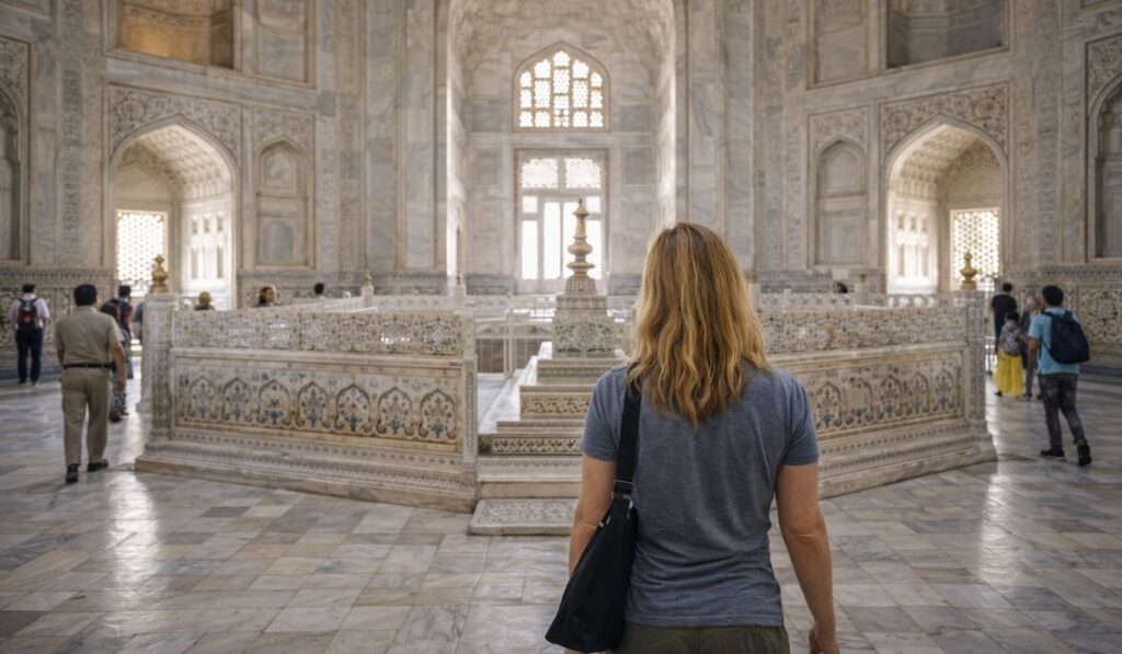 Tourists walking towards the Taj Mahal during daytime in Agra
