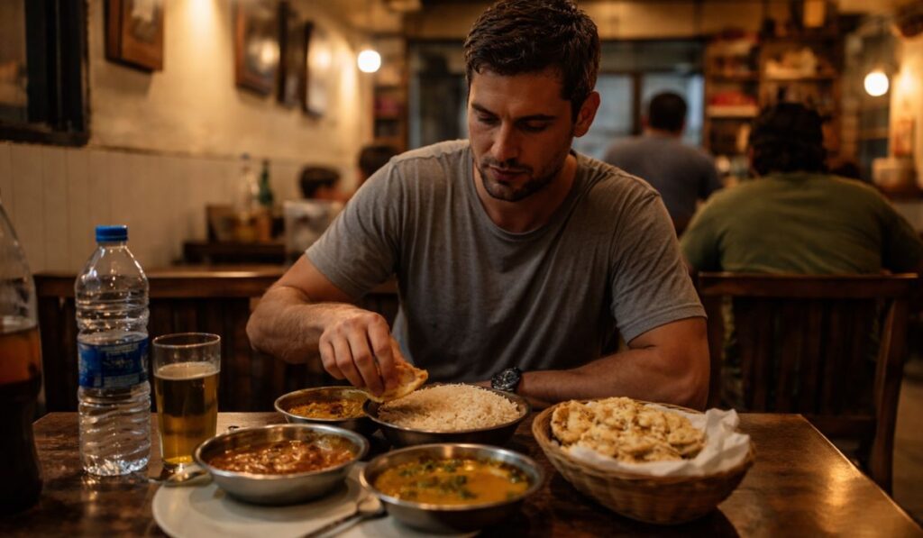A traveller enjoying a simple local dinner in Agra during an overnight stay, showing the relaxed evening experience of an overnight Agra trip.