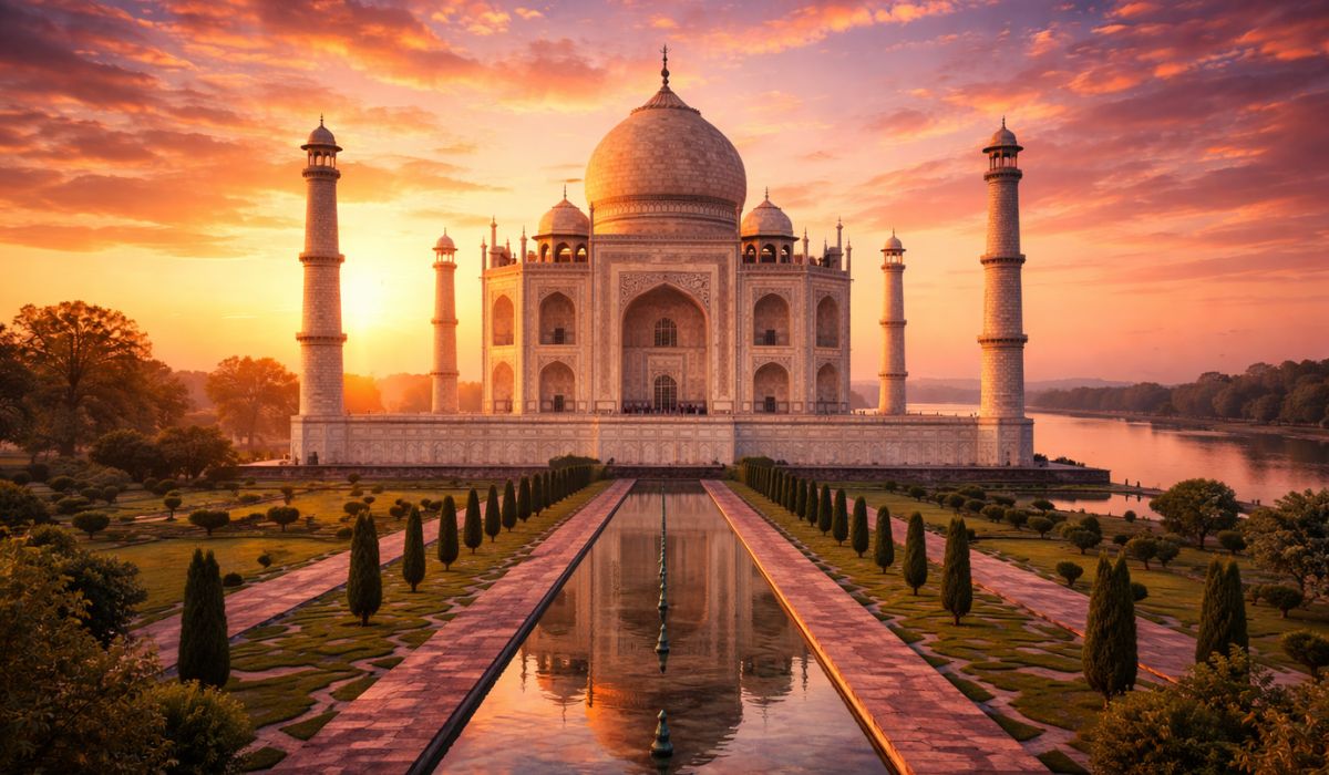 Taj Mahal sunset view with colorful evening sky in Agra