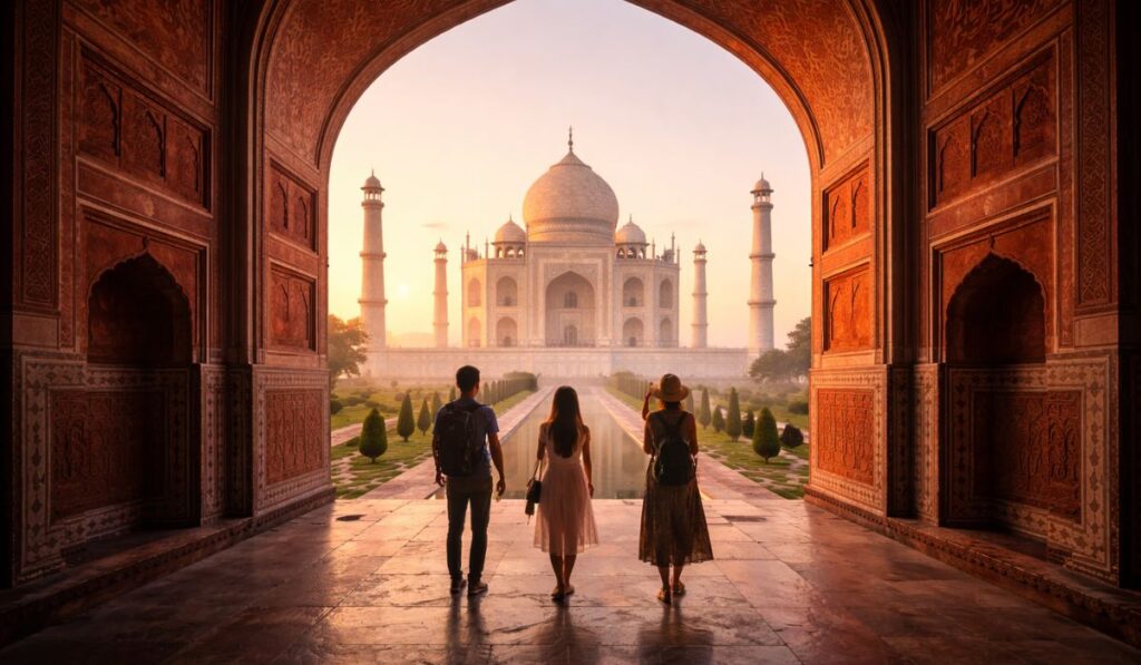 Travelers visiting Taj Mahal early morning in Agra