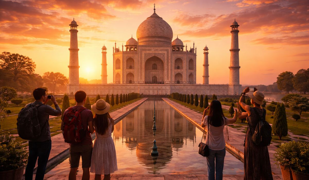 Visitors enjoying Taj Mahal sunset photography from garden