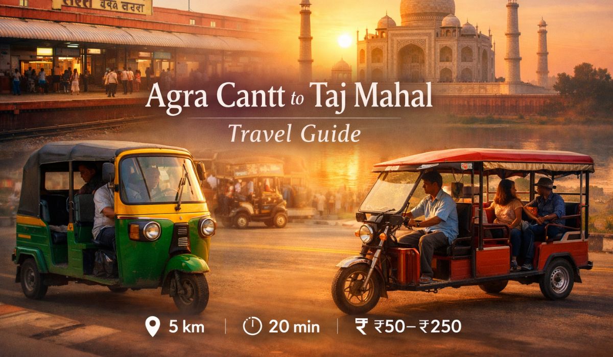 Agra Cantt to Taj Mahal travel guide showing distance time and transport options with Taj Mahal background.