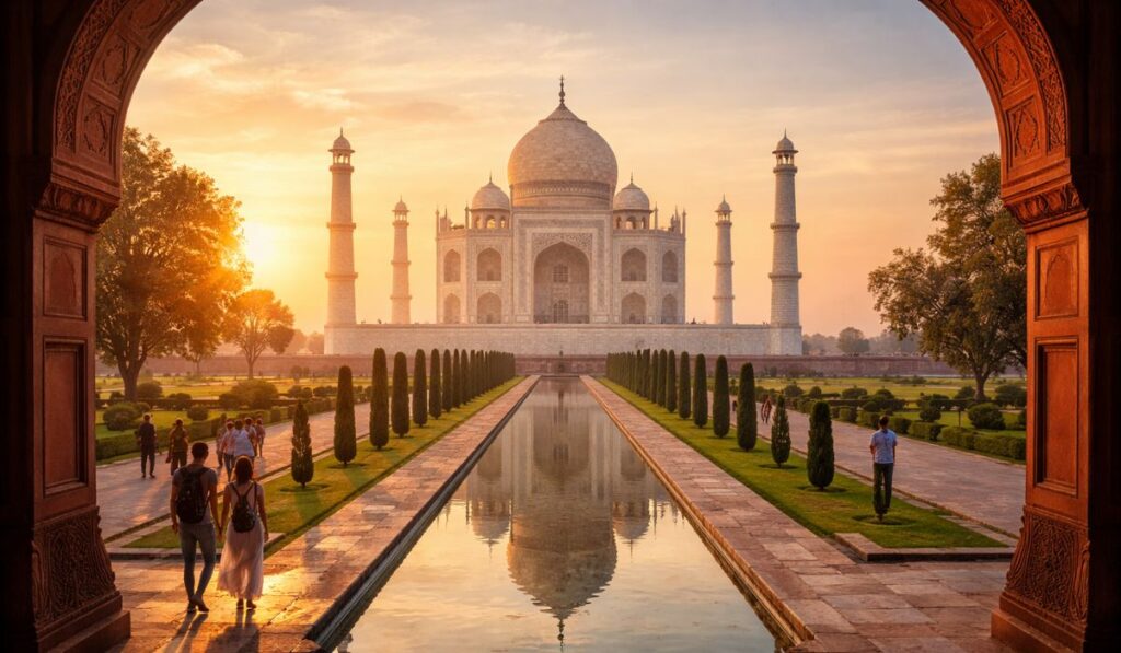 Taj Mahal West Gate entrance at sunrise with visitors entering and golden light view