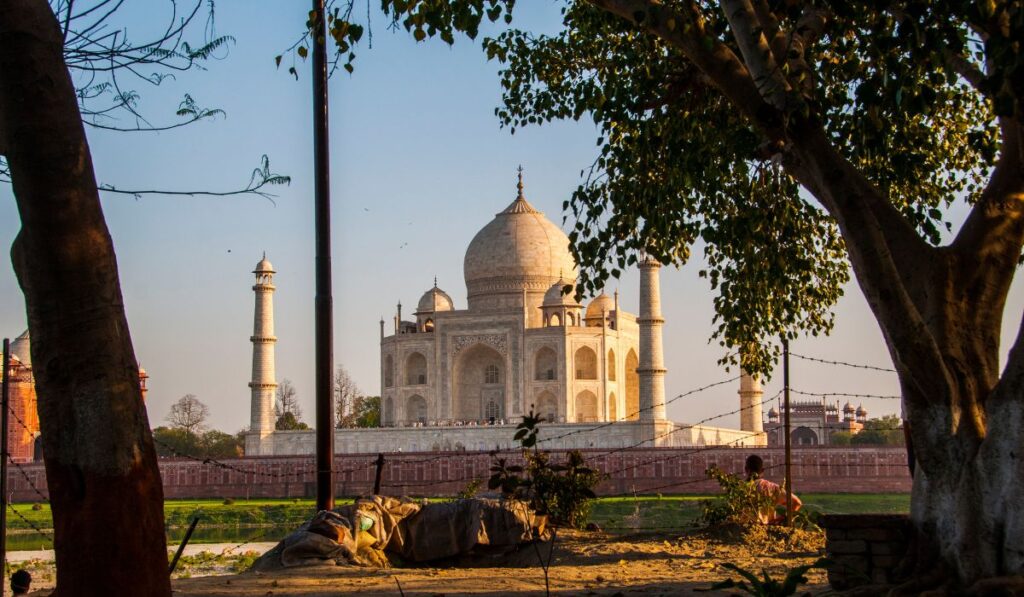 Scenic view of the Taj Mahal framed by trees from Mehtab Bagh in Agra