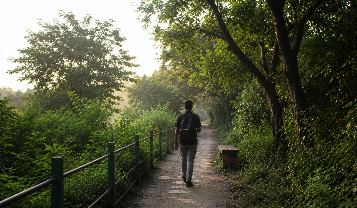 Quiet morning walking trail surrounded by greenery at Taj Nature Walk in Agra