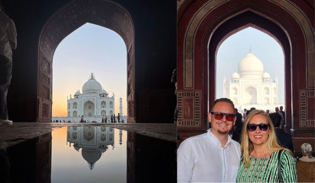 Symmetrical reflection photography of the Taj Mahal framed through Mughal archway