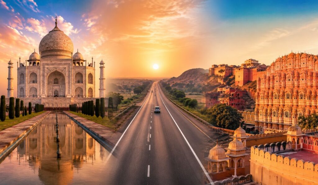 Agra to Jaipur best route featuring Taj Mahal, modern highway and Jaipur city skyline in Rajasthan