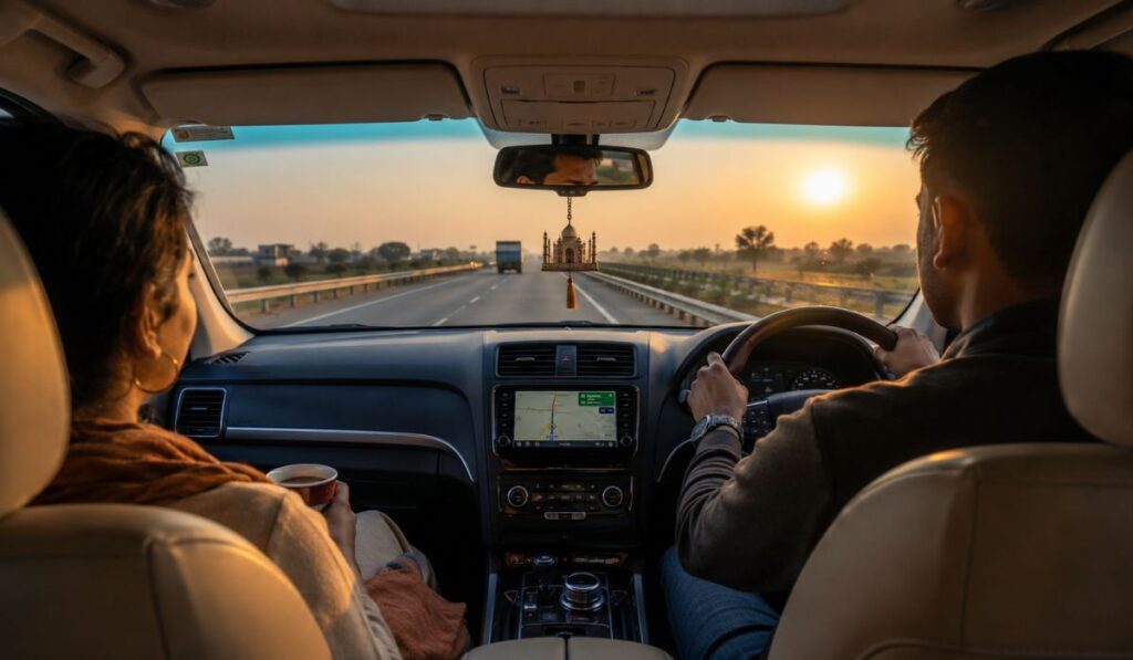 Inside view of a private car traveling from Agra to Jaipur on the best road route during sunrise