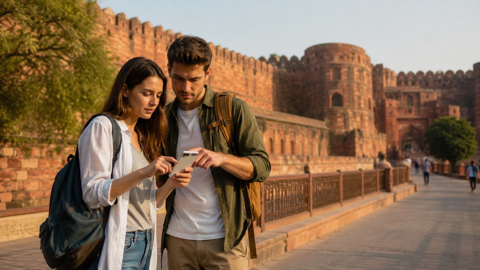 Tourist guide helping travelers explore Agra Fort